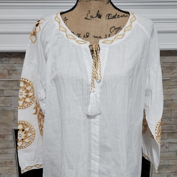 Anthropologie R D & Koko gold embroidered lantern sleeve peasant blouse‎ new!! - Picture 2 of 8